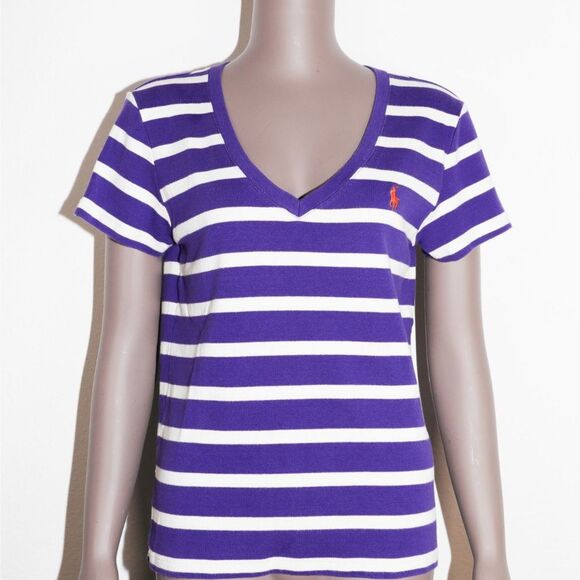 Ralph Lauren Sport Preppy Striped V Neck Short Sleeve Top Size Medium - Picture 1 of 3